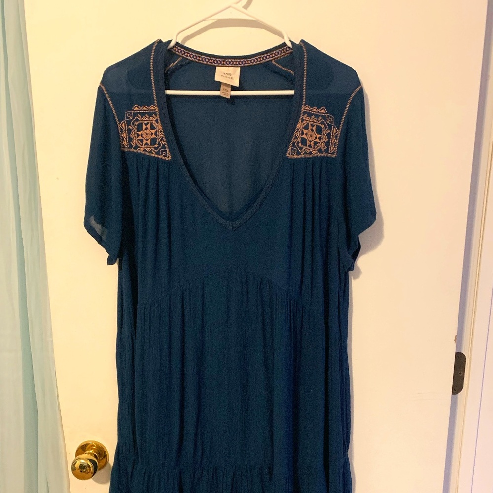 Knox Rose Gauze, blue dress with peach/pink "Aztec" embroidery, Size XXL